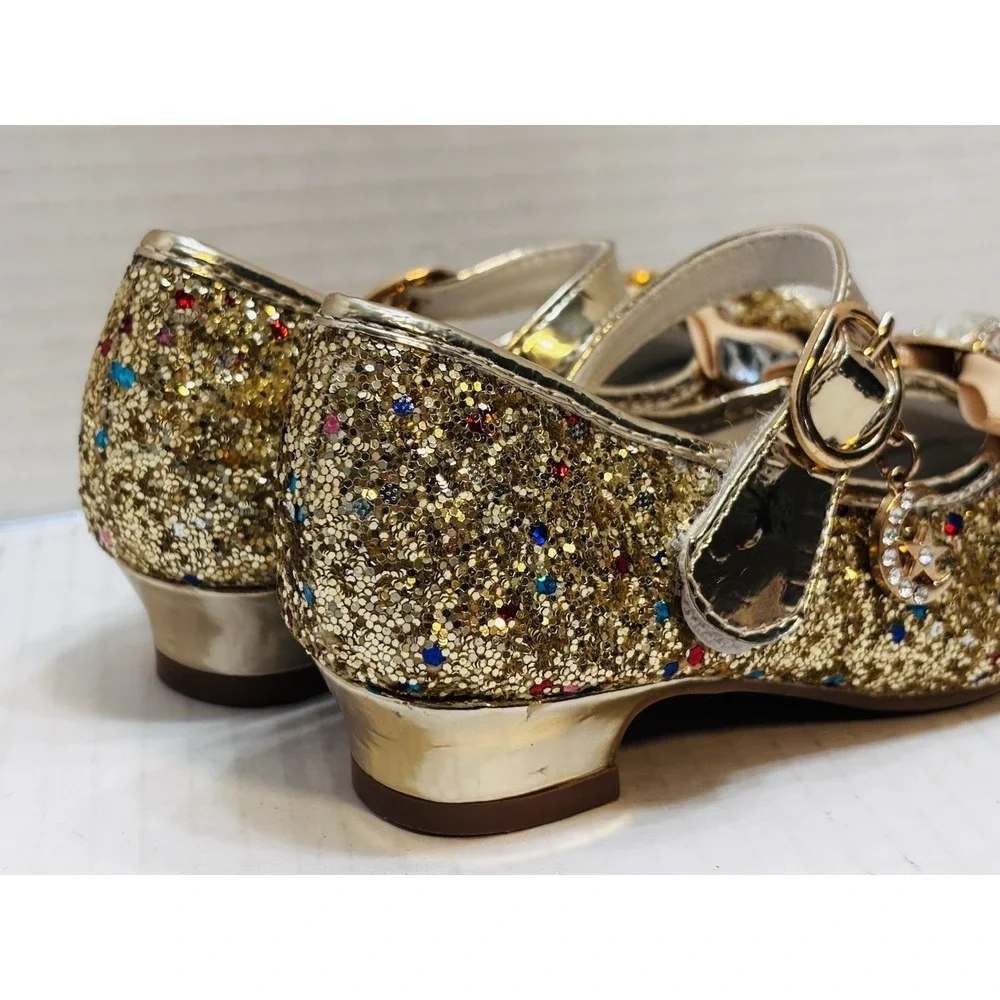 Wal-Fou Girls Gold Glitter Mary Jane Dress Shoes Rhinestone Bow Size 7 Kids